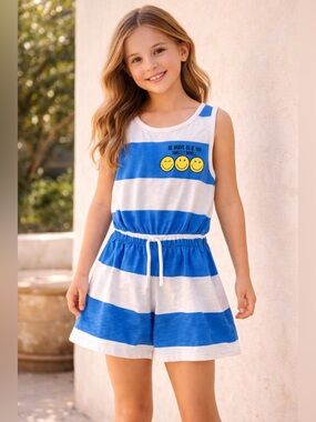 Zara Blue and White Striped Smiley Romper - Kids